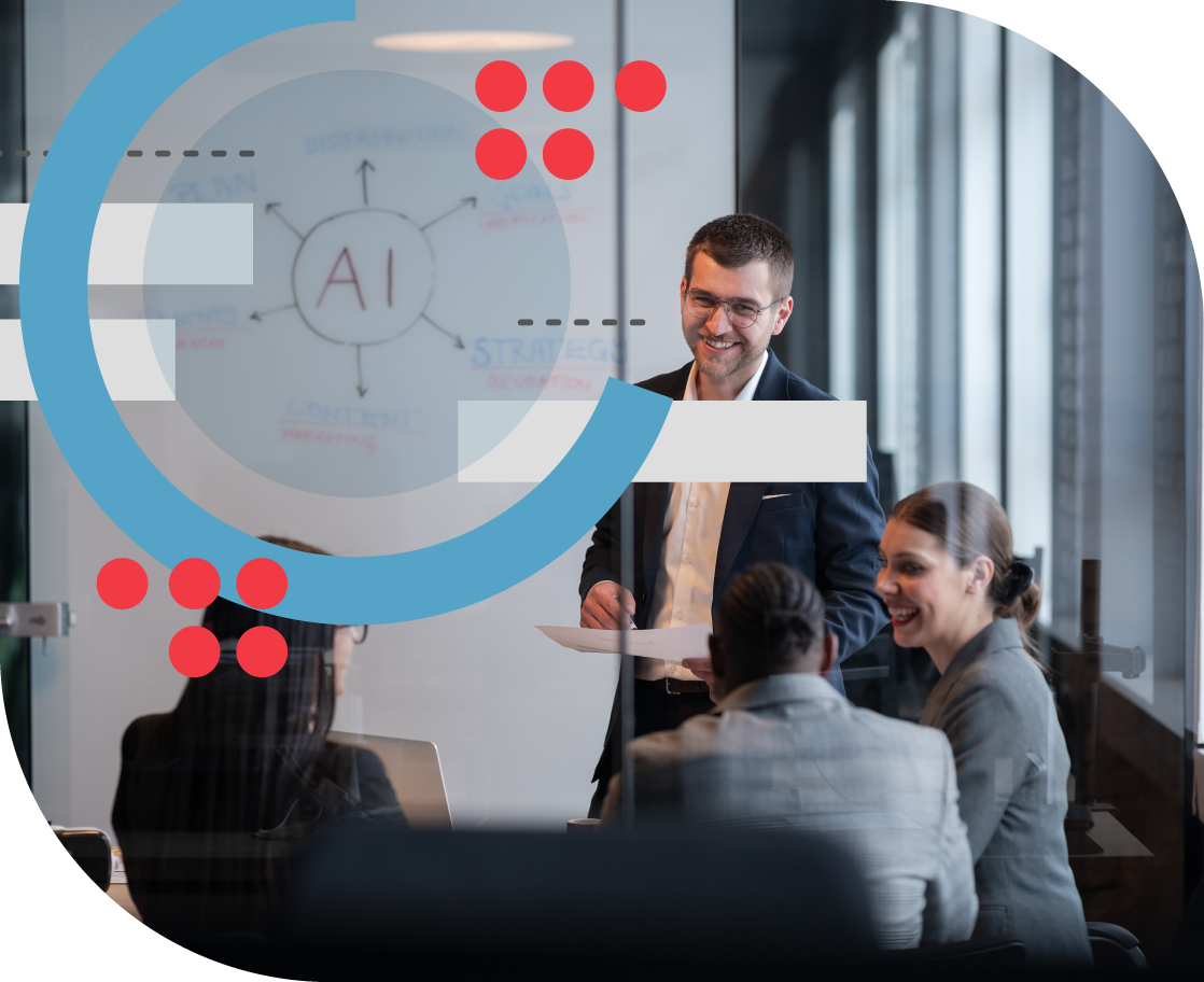 Group of people in a conference room with AI on a white board
