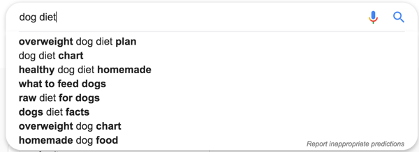 Dog Diet Suggestions from Google Search Bar