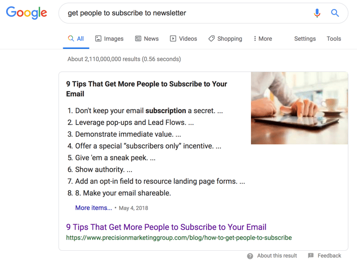 SERP Feature for Popular PMG Blog Post