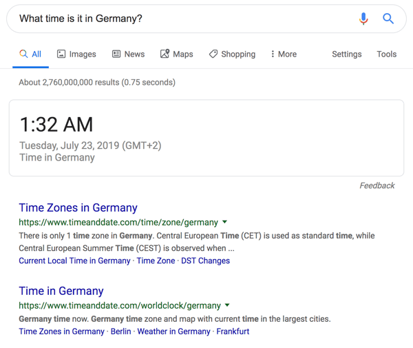 Google SERP Feature Example for "What time is it in Germany?"